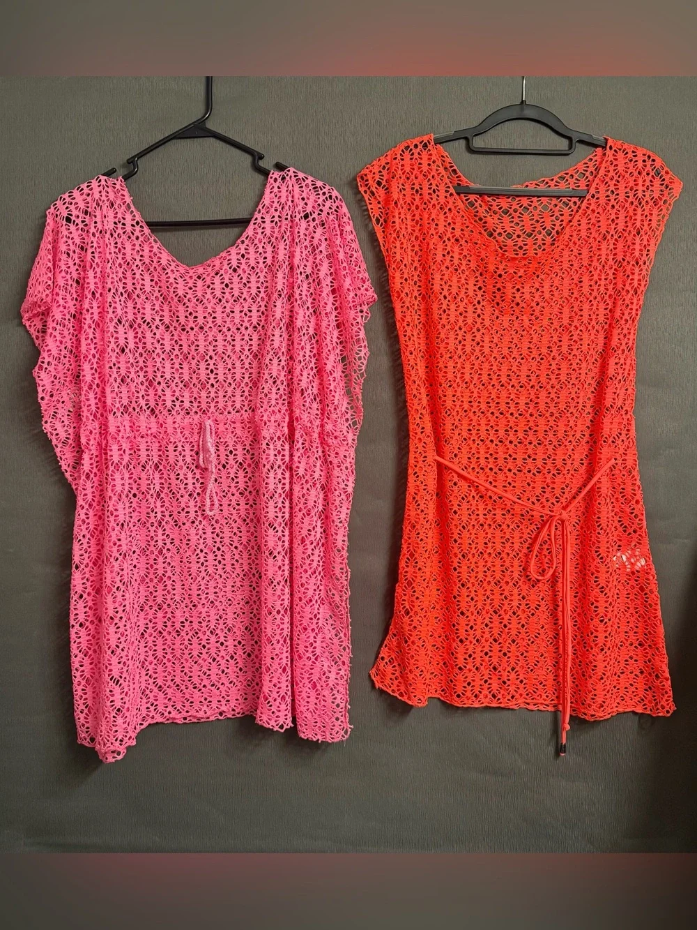 Bundle 2pc Swim Cover Up Dresses Neon Hot Pink Coral Orange Beach Vacation SizeL
